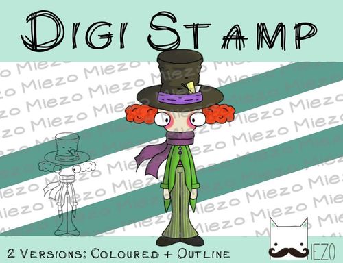Digitaler Stempel, Digi Stamp verrückter Hutmacher, 2 Versionen: in, 2 Versionen: Outlines, in Farbe