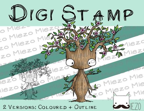 Digitaler Stempel, Digi Stamp Baum im Frühling, Jahreszeit, 2 Versionen: Outlines,  in Farbe