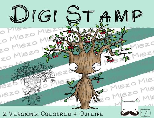 Digitaler Stempel, Digi Stamp Baum im Sommer, Jahreszeit, 2 Versionen: Outlines, in Farbe