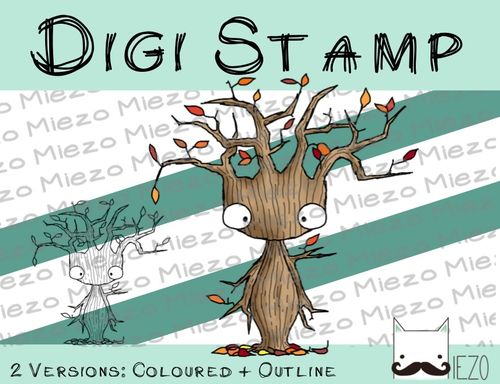Digitaler Stempel, Digi Stamp Baum im Herbst, Jahreszeit, 2 Versionen: Outlines, in Farbe