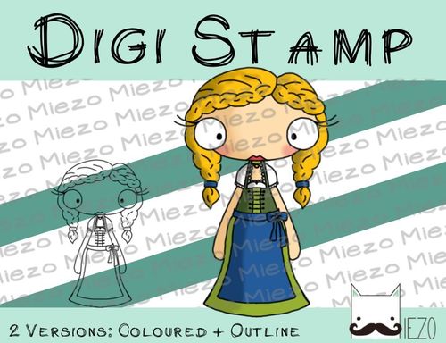 Digitaler Stempel, Digi Stamp Bayerin, Frau im Dirndl, 2 Versionen: Outlines, in Farbe