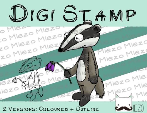 Digitaler Stempel, Digi Stamp Dachs mit Blume, 2 Versionen: Outlines, in Farbe