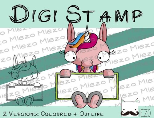 Digitaler Stempel, Digi Stamp Einhorn mit Schild, 2 Versionen: Outlines, in Farbe