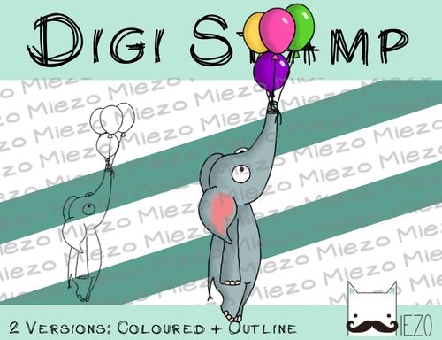 Digitaler Stempel, Digi Stamp Elefant mit Ballons, 2 Versionen: Outlines, in Farbe