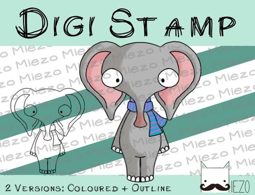 Digitaler Stempel, Digi Stamp kranker/erkälteter Elefant , 2 Versionen: Outlines, in Farbe