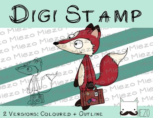 Digitaler Stempel, Digi Stamp Fuchs mit Koffer, 2 Versionen: Outlines, in Farbe