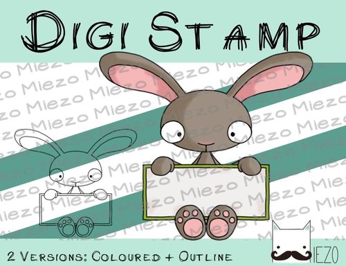 Digitaler Stempel, Digi Stamp Hase mit Schild, 2 Versionen: Outlines, in Farbe