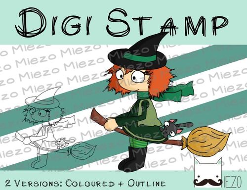 Digitaler Stempel, Digi Stamp Hexe, 2 Versionen: Outlines, in Farbe