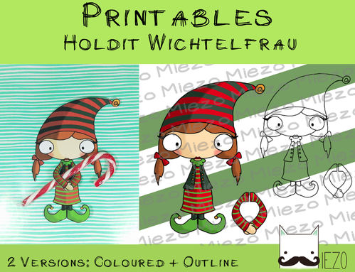 Printables Holdit Wichtelfrau, Weihnachten, 2 Versionen: bunt und Outlines