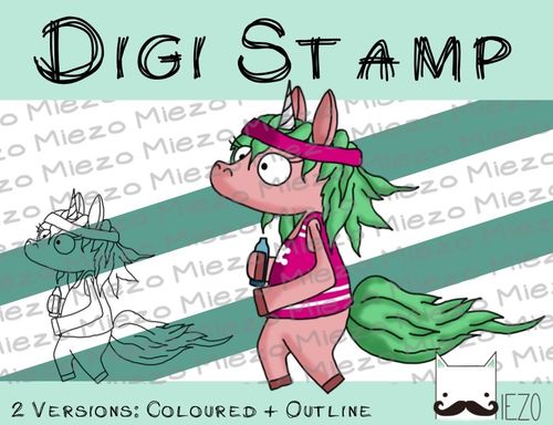 Digitaler Stempel, Digi Stamp Jogginghorn, joggendes Einhorn, 2 Versionen: Outlines, in Farbe