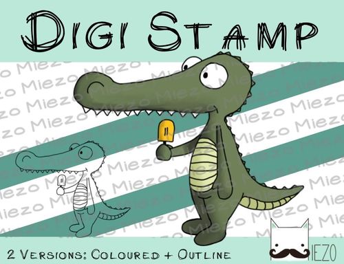 Digitaler Stempel, Digi Stamp Krokodil mit Eis, 2 Versionen: Outlines, in Farbe