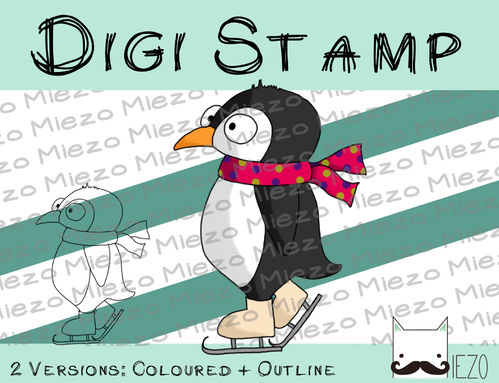 Digitaler Stempel, Digi Stamp Pinguin auf Schlittschuhen, 2 Versionen: Outlines, in Farbe