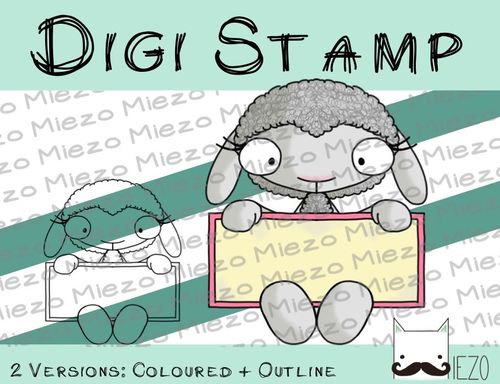 Digitaler Stempel, Digi Stamp Schaf mit Schild, 2 Versionen: Outlines, in Farbe