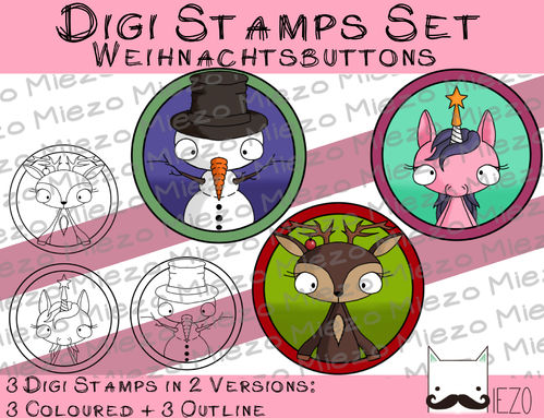 Digitale Stempel, Digi Stamps Set Weihnachtsbuttons,  je 2 Versionen: Outlines, in Farbe (Schneemann
