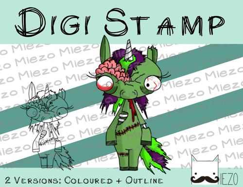 Digitaler Stempel, Digi Stamp Zombie-Einhorn, 2 Versionen: Outlines, in Farbe
