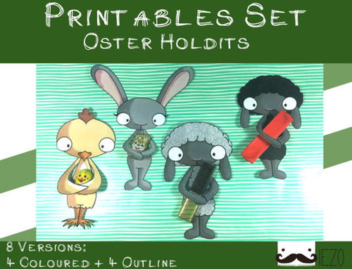 Printables Set Oster-Holdits, Hase grau, Huhn, Schaf weiß und schwarz, je 2 Versionen: bunt/Outlline