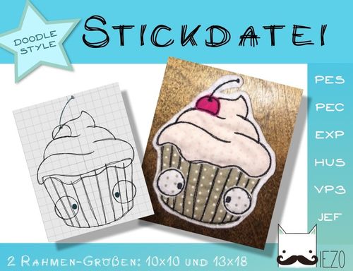 Cupcake - Stickdatei, Doodle, Embroidery-File, 2 Rahmengrößen: 10x10, 13x18