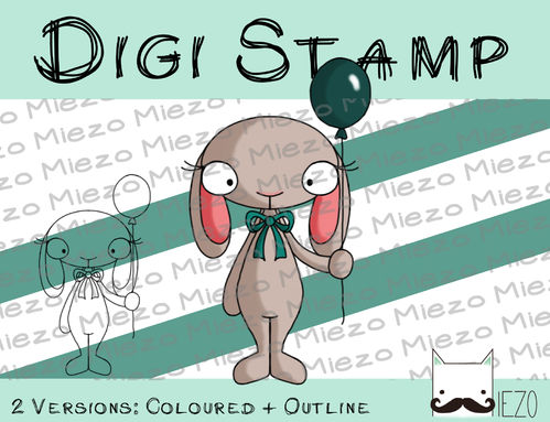Digitaler Stempel, Digi Stamp Hase mit Luftballon, 2 Versionen: Outlines, in Farbe