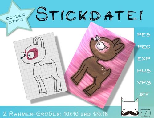 Rehkitz - Stickdatei, Doodle, Embroidery-File, 2 Rahmengrößen: 10x10, 13x18