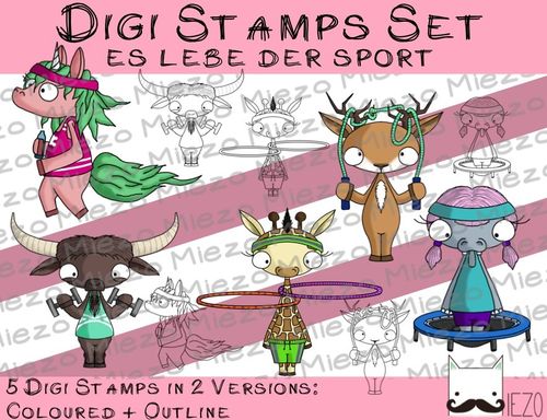 Digi Stamps Set, Es lebe der Sport (sportmachende Tiere) ,5 Stück je 2 Versionen: Outlines, in Farbe