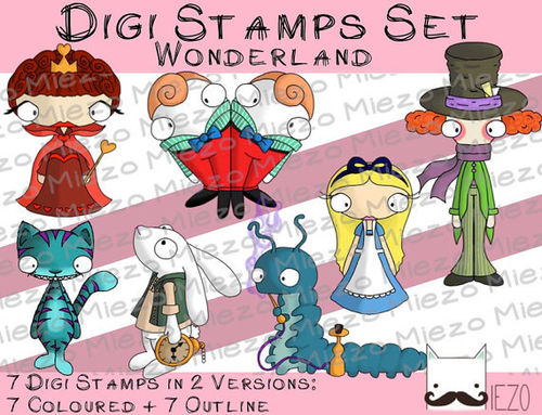 Digitale Stempel, Digi Stamps Set Alice im Wunderland, je 2 Versionen: Outlines, in Farbe