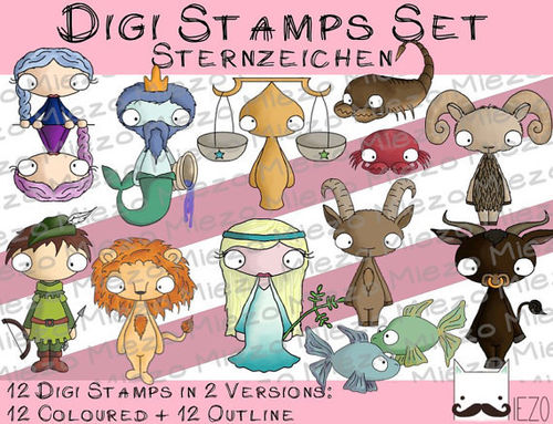 Digi Stamps Set Sternzeichen, 2 Versionen: Outlines, in Farbe