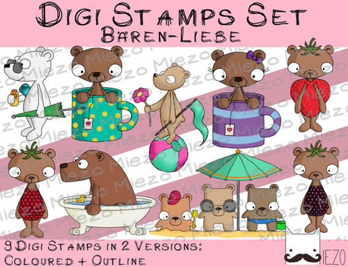 Digitaler Stempel, Digi Stamp Bären-Liebe, 2 Versionen: Outlines, in Farbe