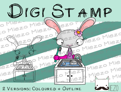 Digitaler Stempel, Digi Stamp Haushaltshase beim Abwasch/Spülen, 2 Versionen: Outlines, in Farbe