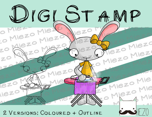 Digitaler Stempel, Digi Stamp Haushaltshase beim Bügeln, 2 Versionen: Outlines, in Farbe