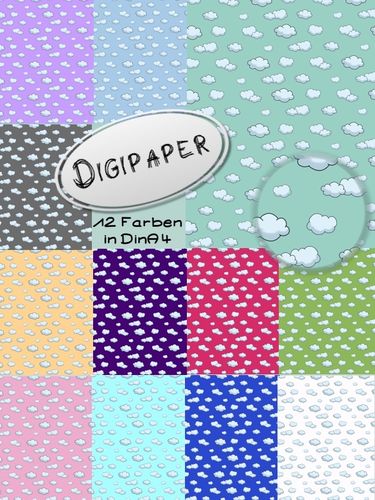 Wolken - Digipaper, digitales Papier, 12 Farben in DinA4