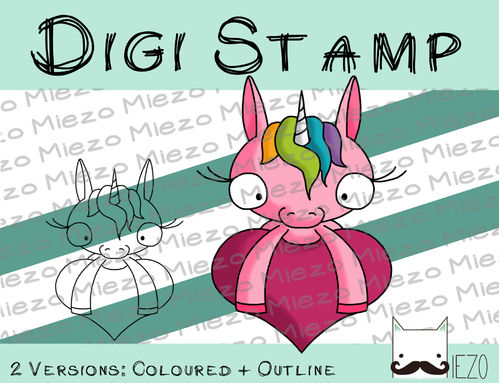 Digitaler Stempel, Digi Stamp Einhorn auf Herz, 2 Versionen: Outlines, in Farbe