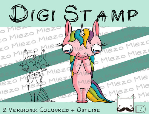 Digitaler Stempel, Digi Stamp Weinhorn, weinendes Einhorn, 2 Versionen: Outlines, in Farbe