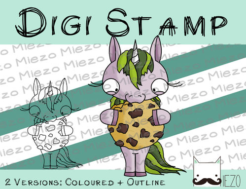 Digitaler Stempel, Digi Stamp Einhorn mit Keks, 2 Versionen: Outlines, in Farbe