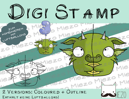 Luftballon-Tier Digi Stamp Drache, 2 Versionen: Outlines, in Farbe