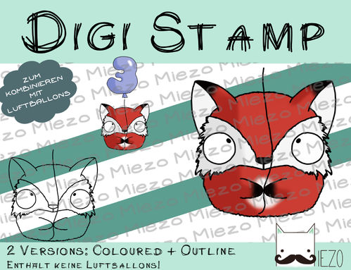 Luftballon-Tier Digi Stamp Fuchs, 2 Versionen: Outlines, in Farbe