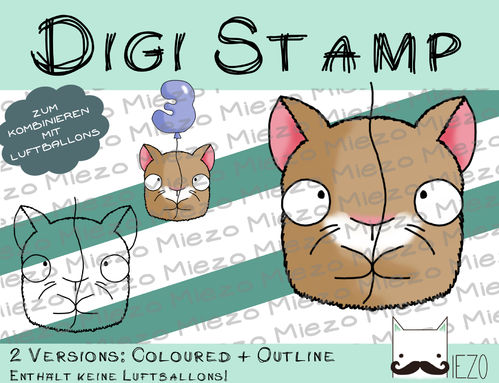 Luftballon-Tier Digi Stamp Katze, 2 Versionen: Outlines, in Farbe