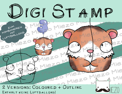 Luftballon-Tier Digi Stamp Meerschweinchen, 2 Versionen: Outlines, in Farbe