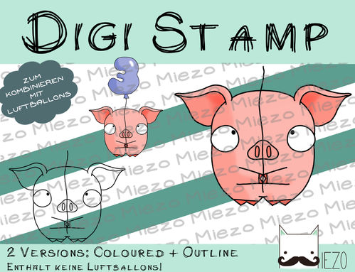 Luftballon-Tier Digi Stamp Schwein, 2 Versionen: Outlines, in Farbe