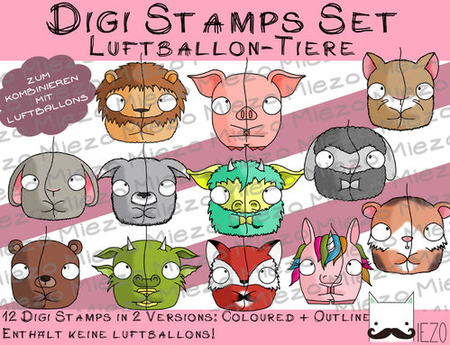 Set 12 Luftballon-Tiere, Digi Stamps, je  2 Versionen: Outlines, in Farbe