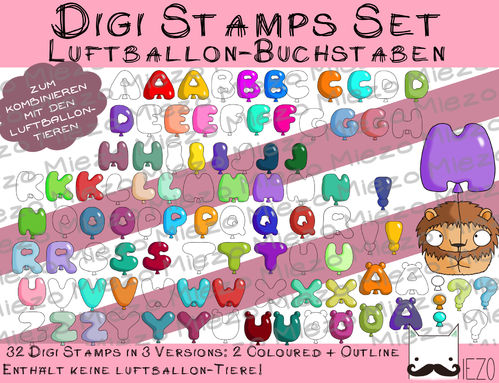 Luftballon-Buchstaben Set, Digi Stamps, je 3 Versionen: Outlines, 2 in Farbe