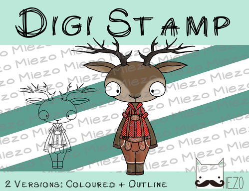 Digitaler Stempel, Digi Stamp Hirsch in Lederhose, 2 Versionen: Outlines, in Farbe