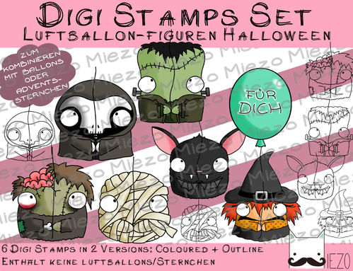Set 6 Halloween-Luftballon-Figuren, Digi Stamps, je  2 Versionen: Outlines, in Farbe