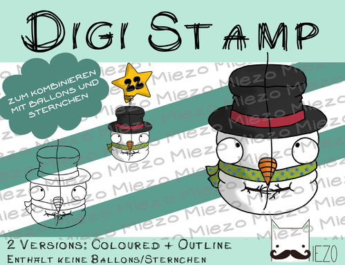 Luftballon-Figur Digi Stamp Schneemann, 2 Versionen: Outlines, in Farbe