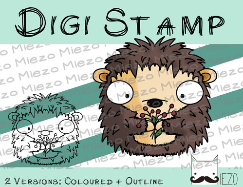 Digitaler Stempel, Digi Stamp Igel mit Beeren, 2 Versionen: Outlines, in Farbe