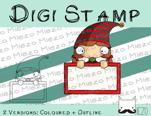 Digitaler Stempel, Digi Stamp Wichtelfrau mit Schild, 2 Versionen: Outlines, in Farbe