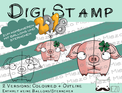 Luftballon-Figur Digi Stamp Glücksschweinchen, 2 Versionen: Outlines, in Farbe