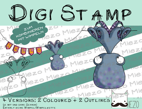 Digitaler Stempel, Digi Stamp Wimpeltier Oktopus, 2 Versionen: Outlines, in Farbe