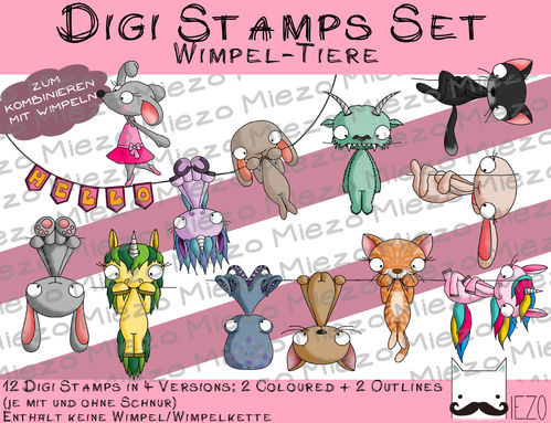 Set Digitale Stempel, Digi Stamps Set Wimpeltiere, 2 Versionen: Outlines, in Farbe
