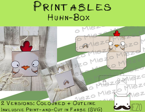 Printables Huhn-Box, 2 Version: bunt und Outlines, inklusive Print-and-Cut-Datei bunt (SVG)
