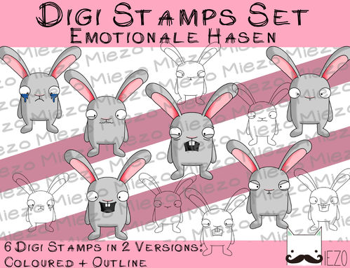 Set Digitale Stempel, Digi Stamps emotionale Hasen, je 2 Versionen: Outlines, in Farbe